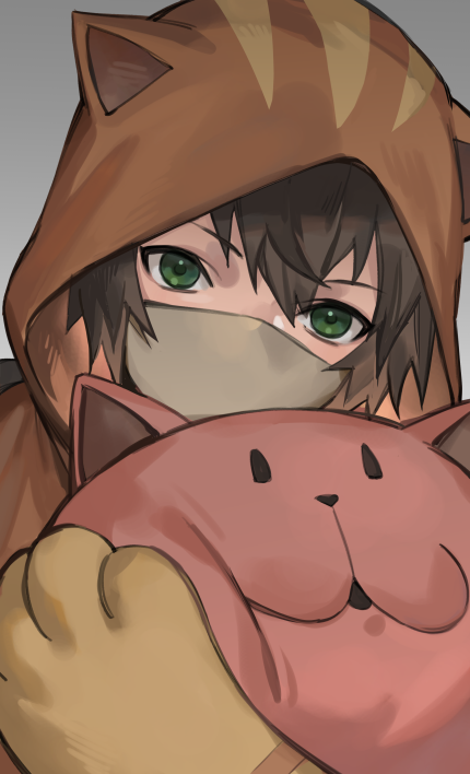 1boy, animal_ear_hood, brown_hair, fake_animal_ears, green_eyes, grey_background, hair_between_eyes, holding