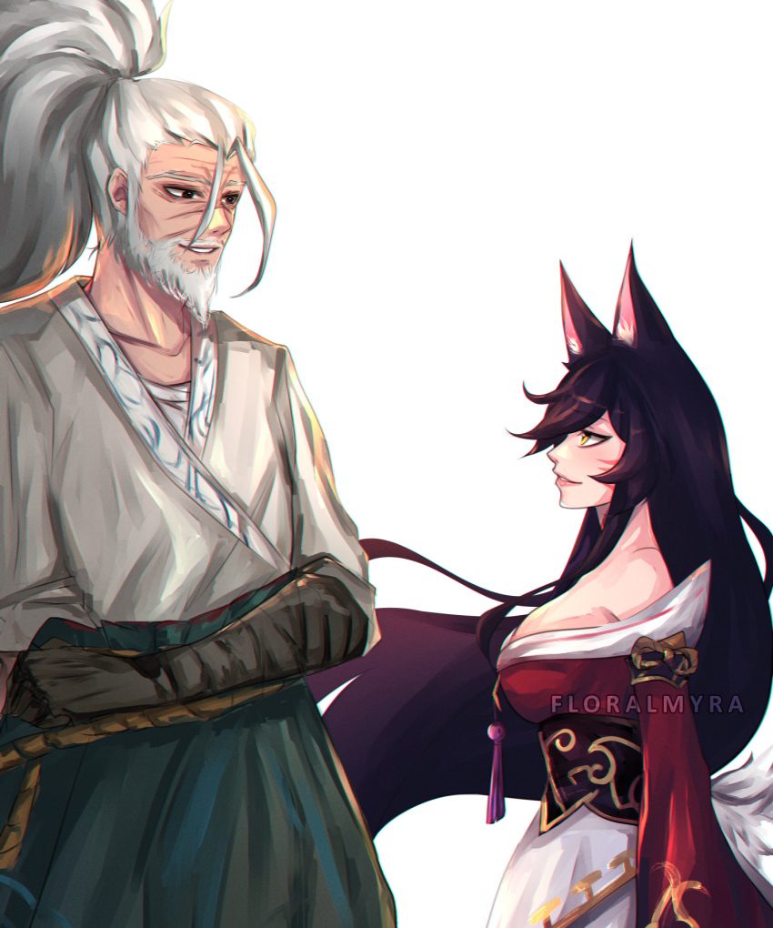 1boy, 1girl, ahri_(league_of_legends), animal_ears, artist_name, bare_shoulders, beard, breasts