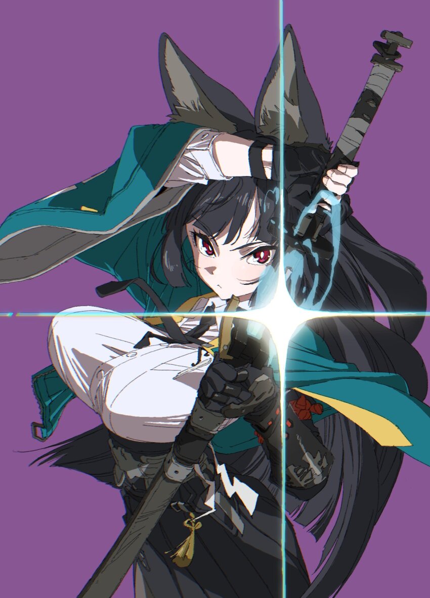 1girl, animal_ear_fluff, animal_ears, black_hair, black_necktie, black_skirt, blunt_bangs, breasts, closed_mouth, commentary_request, cowboy_shot, dress_shirt, fox_ears, fox_girl, gauntlets, green_jacket, high-waist_skirt, highres, holding, holding_sword, holding_weapon, hoshimi_miyabi, jacket, katana, large_breasts, long_hair, looking_at_viewer, marugayotsu, necktie, purple_background, red_eyes, serious, shirt, sidelocks, simple_background, skirt, solo, sword, weapon, white_shirt, zenless_zone_zero