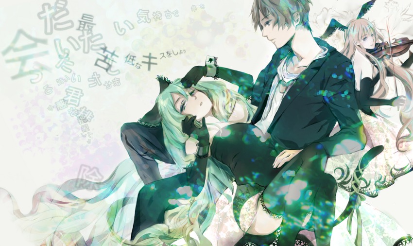 cat_tail, elbow_gloves, gloves, green_hair, hatsune_miku, hellipa, instrument, lace