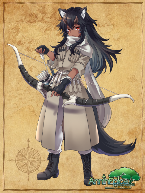 1girl, animal_ears, annih_epica, arrow_(projectile), black_boots, black_gloves, black_hair, boots