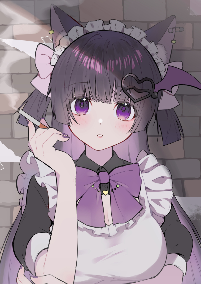 1girl, absurdres, animal_ear_fluff, animal_ears, apron, black_dress, black_hair, blunt_bangs