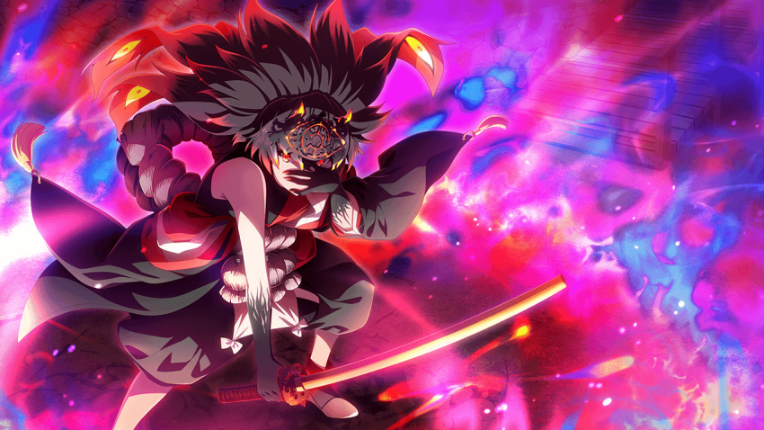 1girl, aradama_(toji_no_miko), asakura_mihono, aura, black_hair, black_kimono, brown_footwear, covering_face