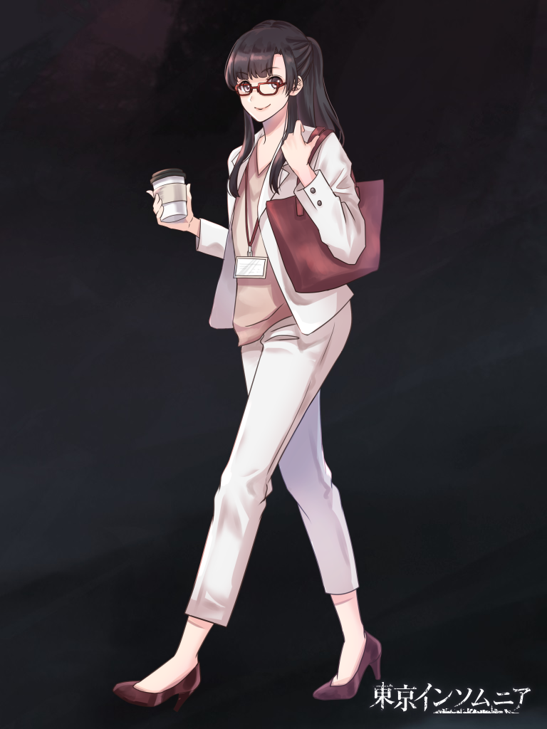 1girl, bag, black_background, black_hair, brown_eyes, brown_shirt, copyright_name, cup