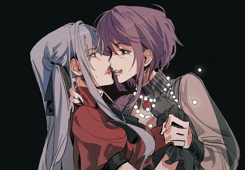 2girls, amoris_(bang_dream!), bang_dream!, bang_dream!_it's_mygo!!!!!, black_background, black_gloves, black_nails, black_ribbon, blood, blood_on_face, blue_hair, chinese_commentary, commentary_request, eye_contact, gloves, hair_ribbon, hand_on_another's_neck, highres, holding_another's_wrist, jlyamlc, long_hair, long_sleeves, looking_at_another, multiple_girls, oblivionis_(bang_dream!), open_mouth, purple_hair, red_shirt, ribbon, see-through_clothes, see-through_sleeves, shirt, short_hair, short_sleeves, simple_background, smeared_blood, togawa_sakiko, two_side_up, upper_body, yuri, yuutenji_nyamu