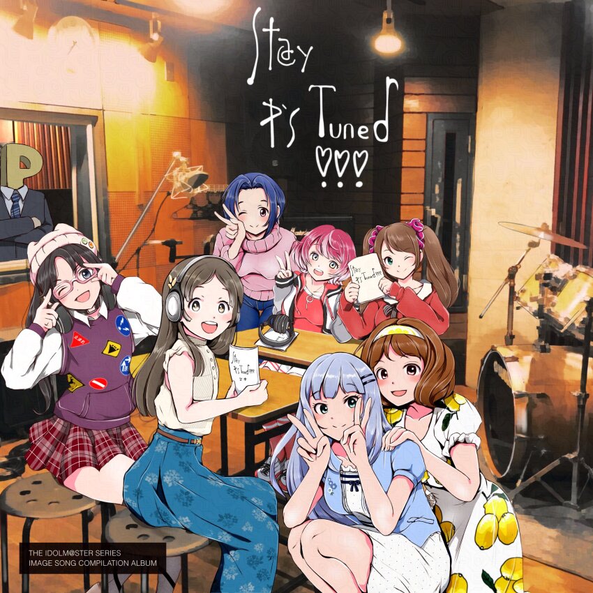 2boys, 6+girls, beanie, black_hair, blue_eyes, blue_hair, blue_skirt, brown_eyes