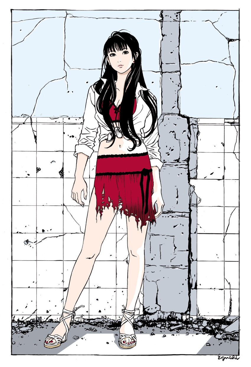 1girl, black_eyes, black_hair, border, bra, breasts, broken, cleavage