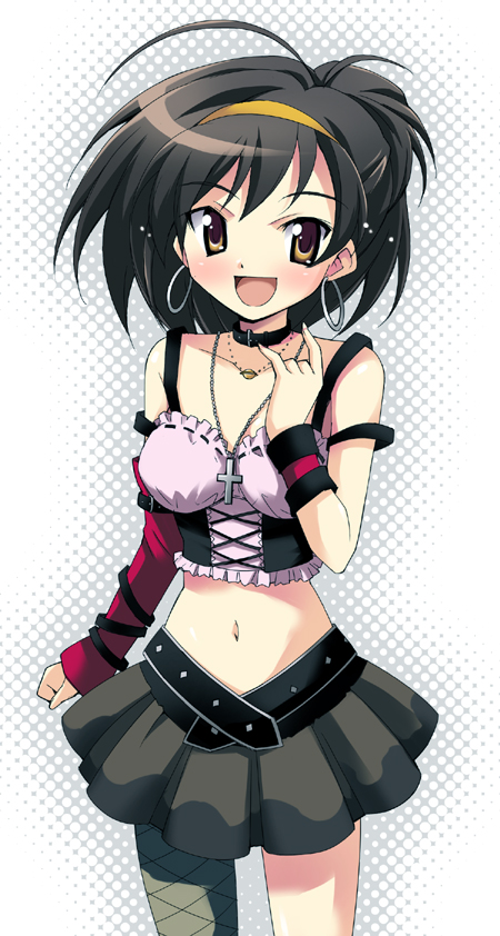 00s, 1girl, brown_hair, female_focus, fishnet_pantyhose, fishnets, midriff, nippori, pantyhose, short_hair, solo, suzumiya_haruhi, suzumiya_haruhi_no_yuuutsu