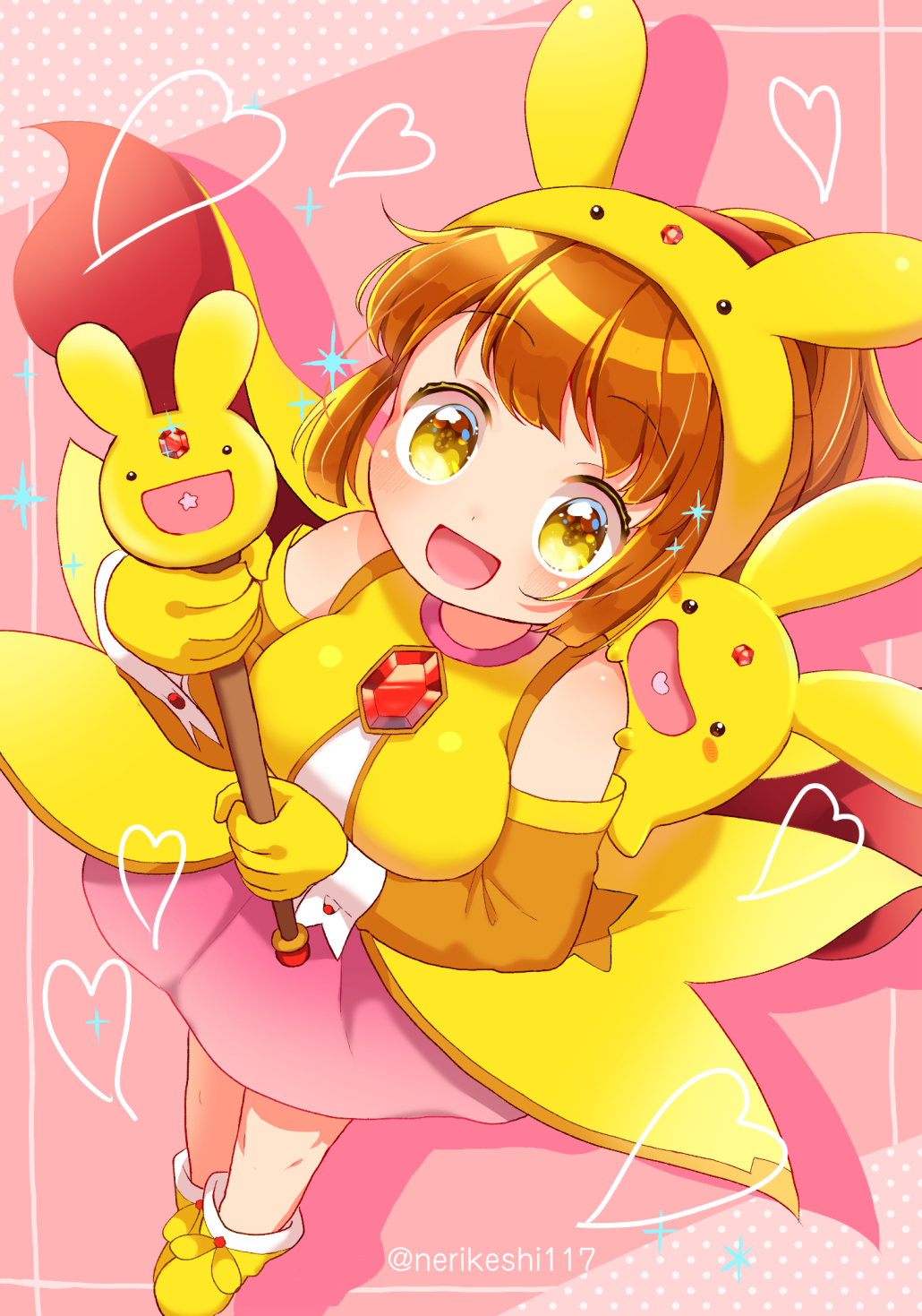 1girl, arle_nadja, brown_hat, carbuncle_(puyopuyo), carbuncle_(puyopuyo)_(cosplay), commentary_request, cosplay, detached_sleeves