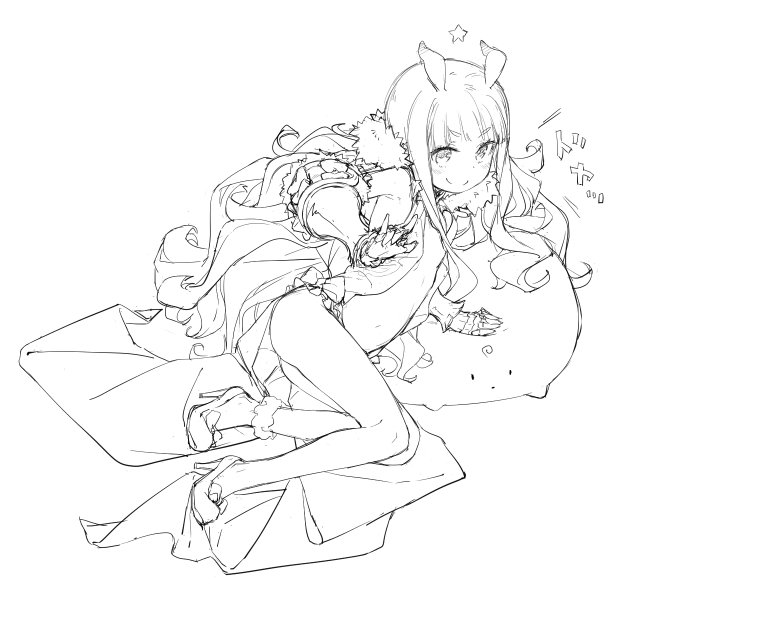 1girl, cushion, flat_chest, full_body, high_heels, hoshimiya_kate, lineart, long_hair