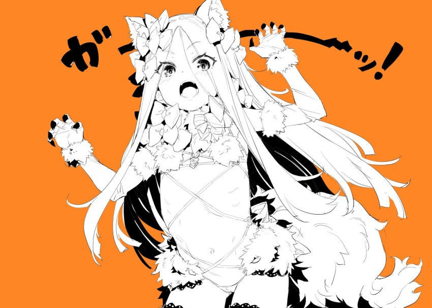 1girl, abigail_williams_(fate), animal_ears, bikini, claw_pose, commentary_request, cosplay, detached_sleeves