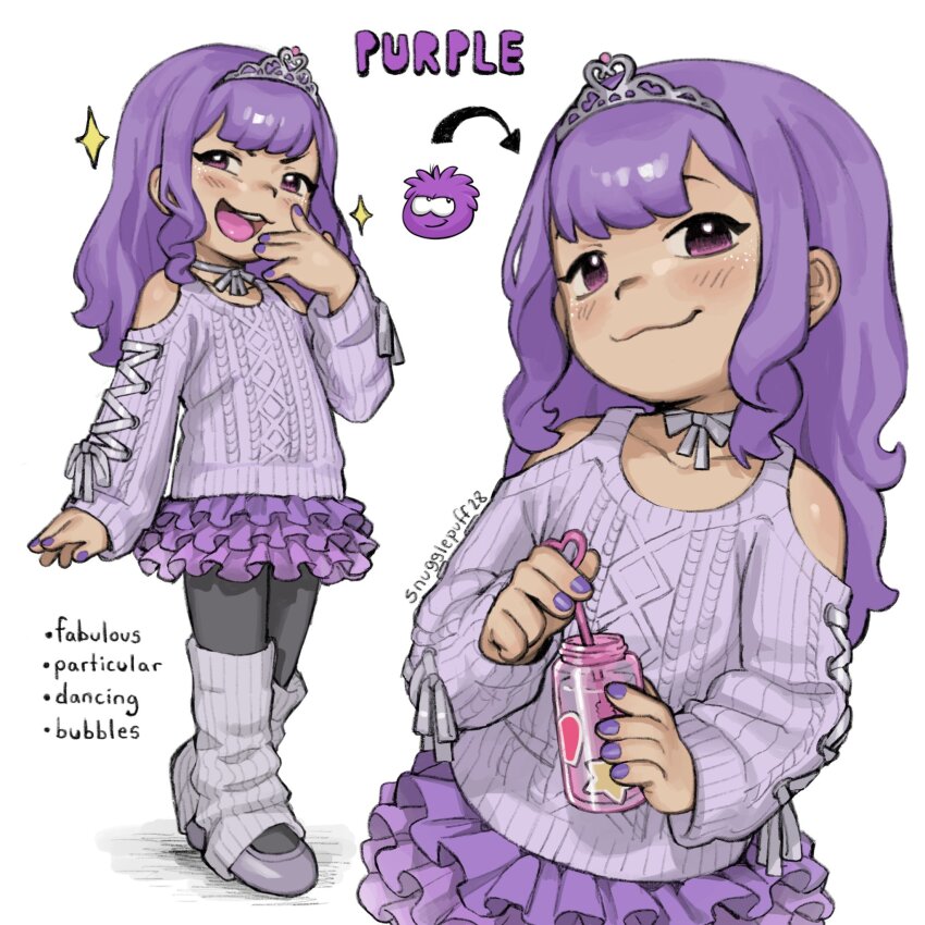 1girl, :3, artist_name, black_pantyhose, blush, closed_mouth, clothing_cutout, club_penguin, commentary, english_commentary, english_text, highres, holding, leg_warmers, long_hair, long_sleeves, miniskirt, multiple_views, nail_polish, open_mouth, pantyhose, pink_eyes, puffle_(club_penguin), purple_hair, purple_nails, purple_skirt, purple_sweater, shoulder_cutout, signature, simple_background, skirt, snugglepuff28, standing, sweater, teeth, tiara, tongue, upper_teeth_only, white_background