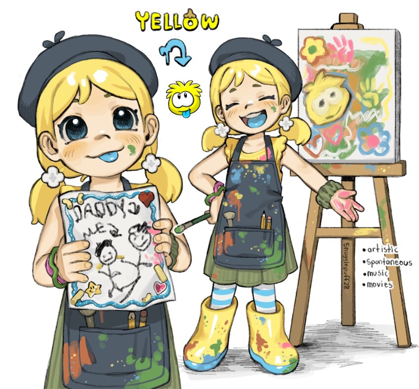 1girl, artist_name, blonde_hair, blue_eyes, blue_tongue, blush, boots, closed_mouth