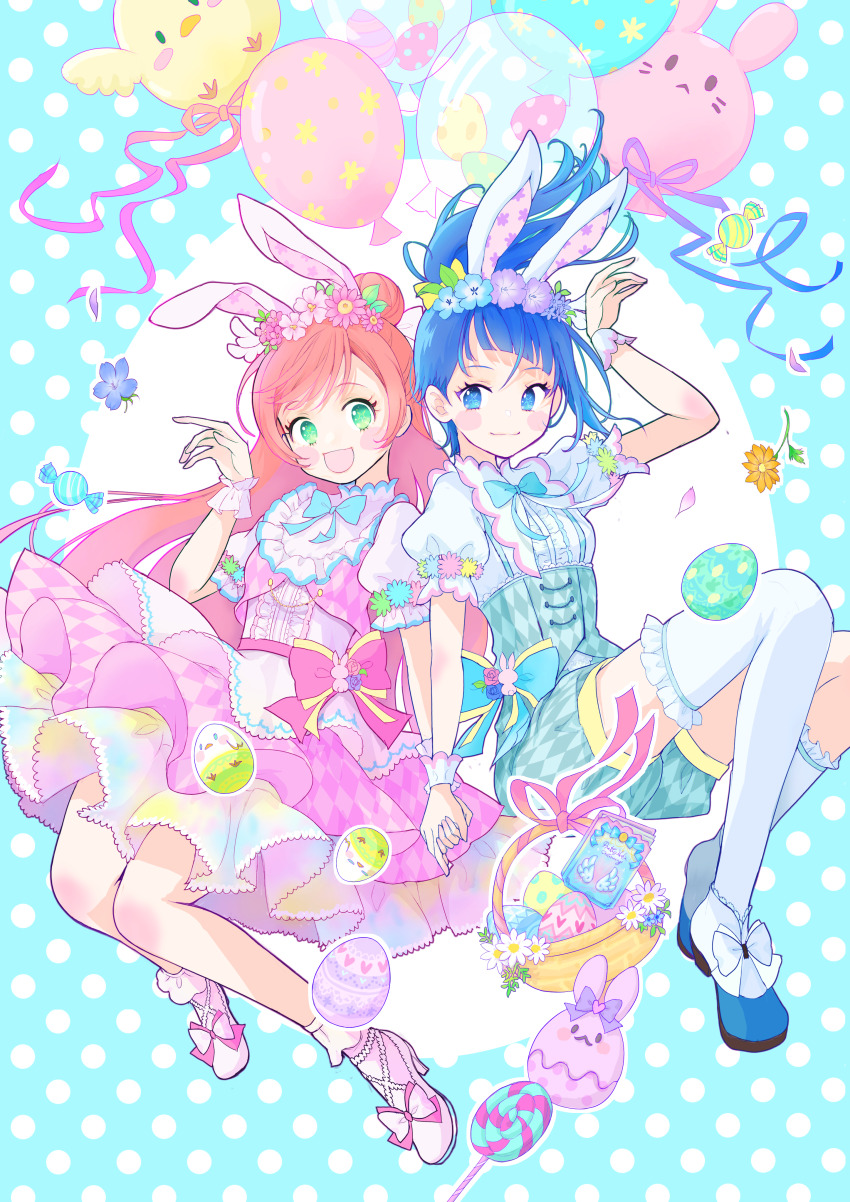 2girls, absurdres, alternate_costume, animal_ears, aqua_shirt, aqua_shorts, balloon, basket