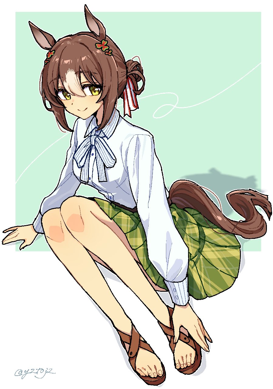 1girl, animal_ears, brown_hair, brown_sandals, collared_shirt, commentary_request, commission, fine_motion_(casual)_(umamusume)