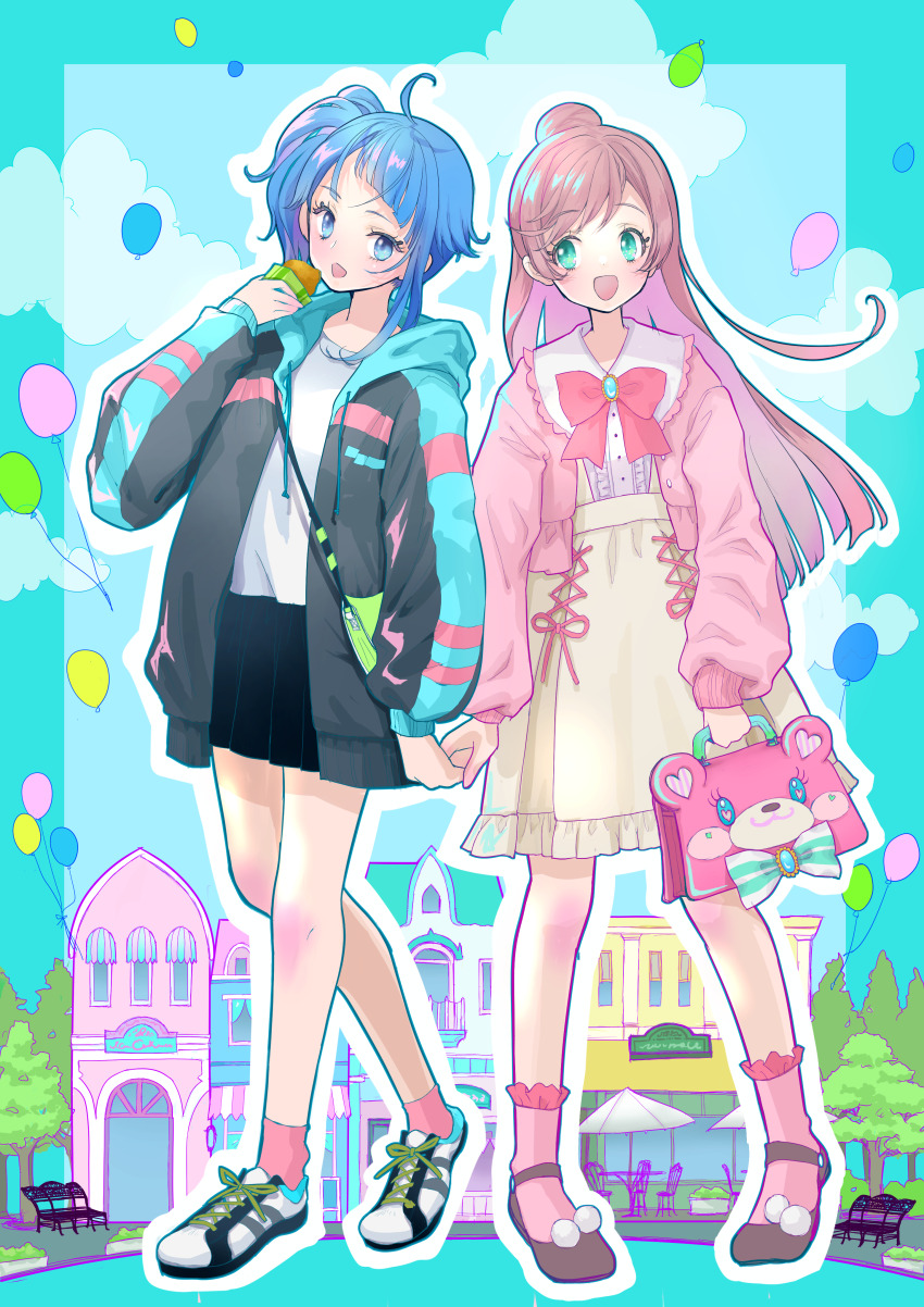2girls, absurdres, bag, balloon, black_footwear, black_jacket, black_skirt, blue_jacket