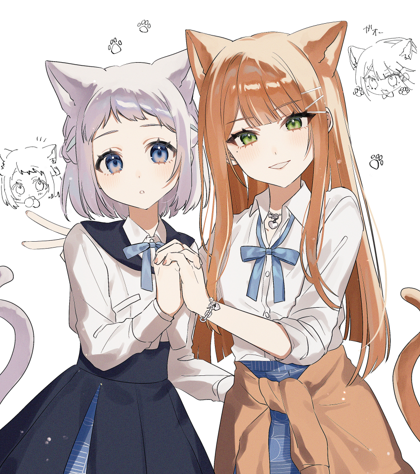2girls, absurdres, animal_ears, black_skirt, blue_eyes, blue_ribbon, blue_skirt, cat_ears