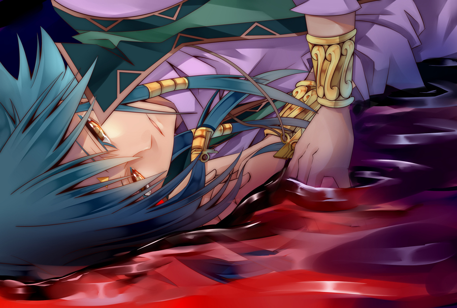 1boy, aigami, akisaki, blood_in_water, blue_hair, brown_eyes, clenched_hand, coat