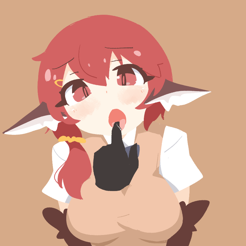 1girl, animal_ears, big_o_pants, bird_ears, blush, brown_background, brown_feathers, brown_wings, commentary, feathers, finger_in_another's_mouth, fio-chan_(big_o_pants), hair_between_eyes, harpy, low_ponytail, monster_girl, original, ponytail, pov, pov_hands, red_eyes, red_hair, saliva, simple_background, winged_arms, wings