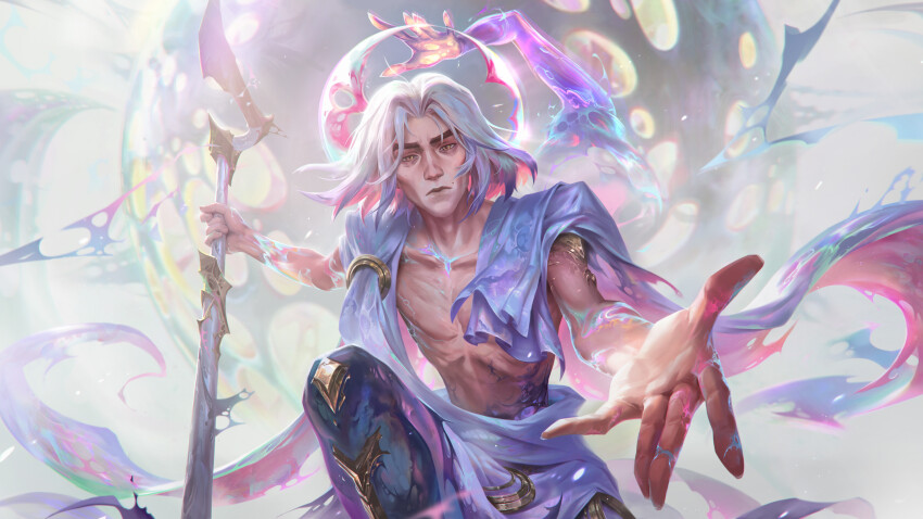 1boy, absurdres, anomaly_(arcane), arcane:_league_of_legends, arcane_savior_viktor, black_skin, closed_mouth, clothing_request, collarbone, colored_skin, from_below, highres, holding, holding_staff, hozure, league_of_legends, looking_at_viewer, male_focus, medium_hair, mole, mole_above_mouth, multicolored_hair, on_one_knee, purple_hair, solo, staff, viktor_(league_of_legends), white_hair, yellow_eyes