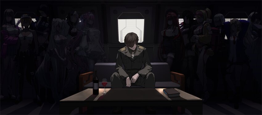 1boy, 6+girls, beret, book, bottle, breasts, brown_hair, cinderella_(nikke)