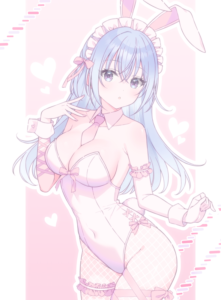 1girl, animal_ears, bare_shoulders, blue_hair, bow, breasts, cleavage, collarbone