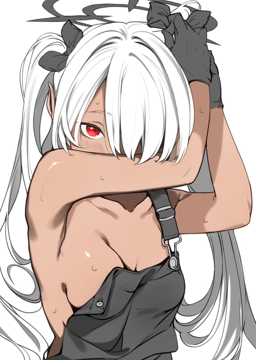 1girl, adjusting_clothes, adjusting_headwear, armpits, arms_up, black_gloves, black_overalls, black_ribbon