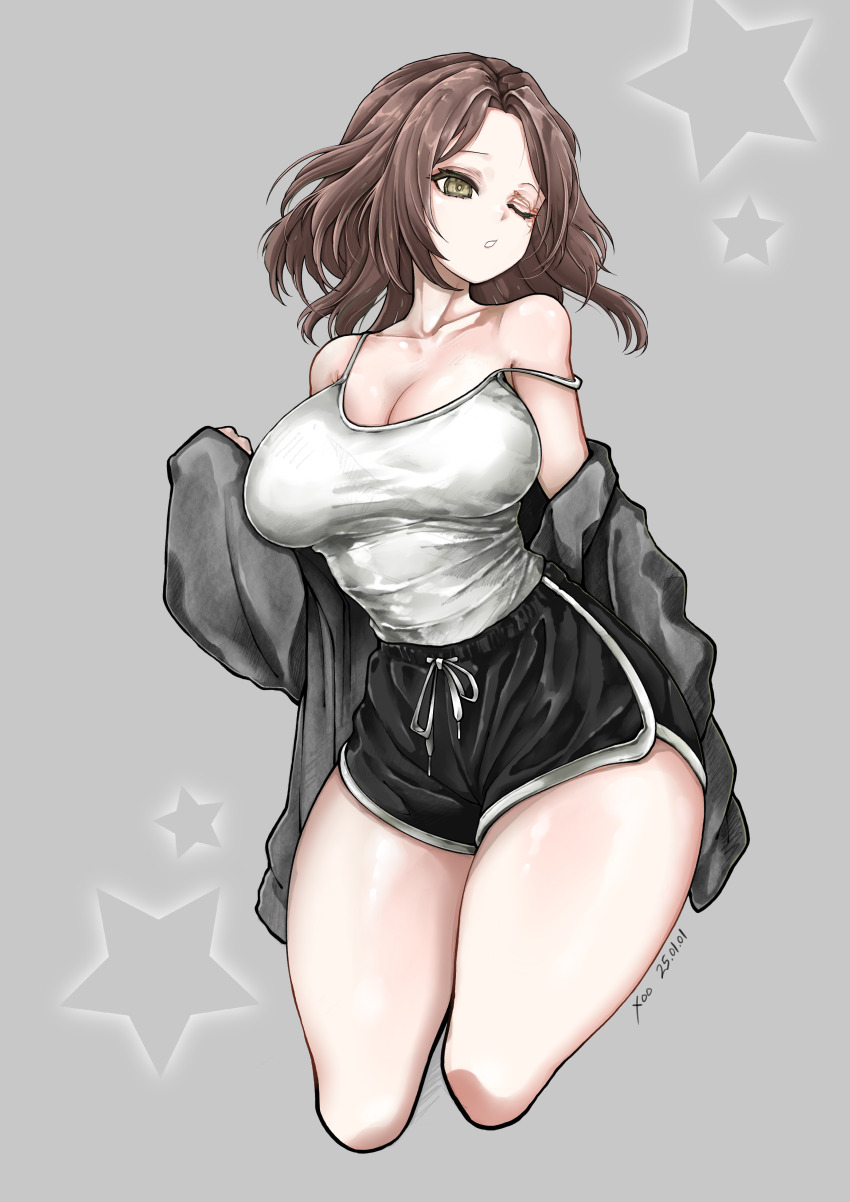 1girl, :o, absurdres, alternate_costume, artist_name, black_jacket, black_shorts, breasts, brown_eyes, brown_hair, cleavage, collarbone, commentary_request, contemporary, dated, elden_ring, facial_tattoo, grey_background, highres, jacket, large_breasts, long_hair, melina_(elden_ring), off_shoulder, one_eye_closed, shirt, short_hair, shorts, simple_background, sleeveless, sleeveless_shirt, solo, tattoo, thighs, white_shirt, xoo_(pixiv_100957810)
