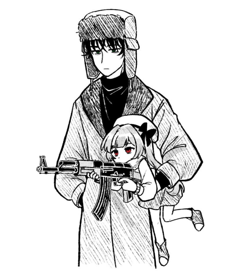 1boy, 1girl, aida_(aidacamelia0516), ak-47, assault_rifle, beret, bow, carrying, carrying_person, check_weapon, closed_mouth, coat, doll's_father_(murder_drones), doll_(murder_drones), father_and_child, father_and_daughter, greyscale, gun, hat, hat_bow, highres, holding, holding_weapon, kalashnikov_rifle, long_hair, monochrome, murder_drones, parent_and_child, red_eyes, rifle, shoes, simple_background, skirt, spot_color, sweater, ushanka, weapon, weapon_request
