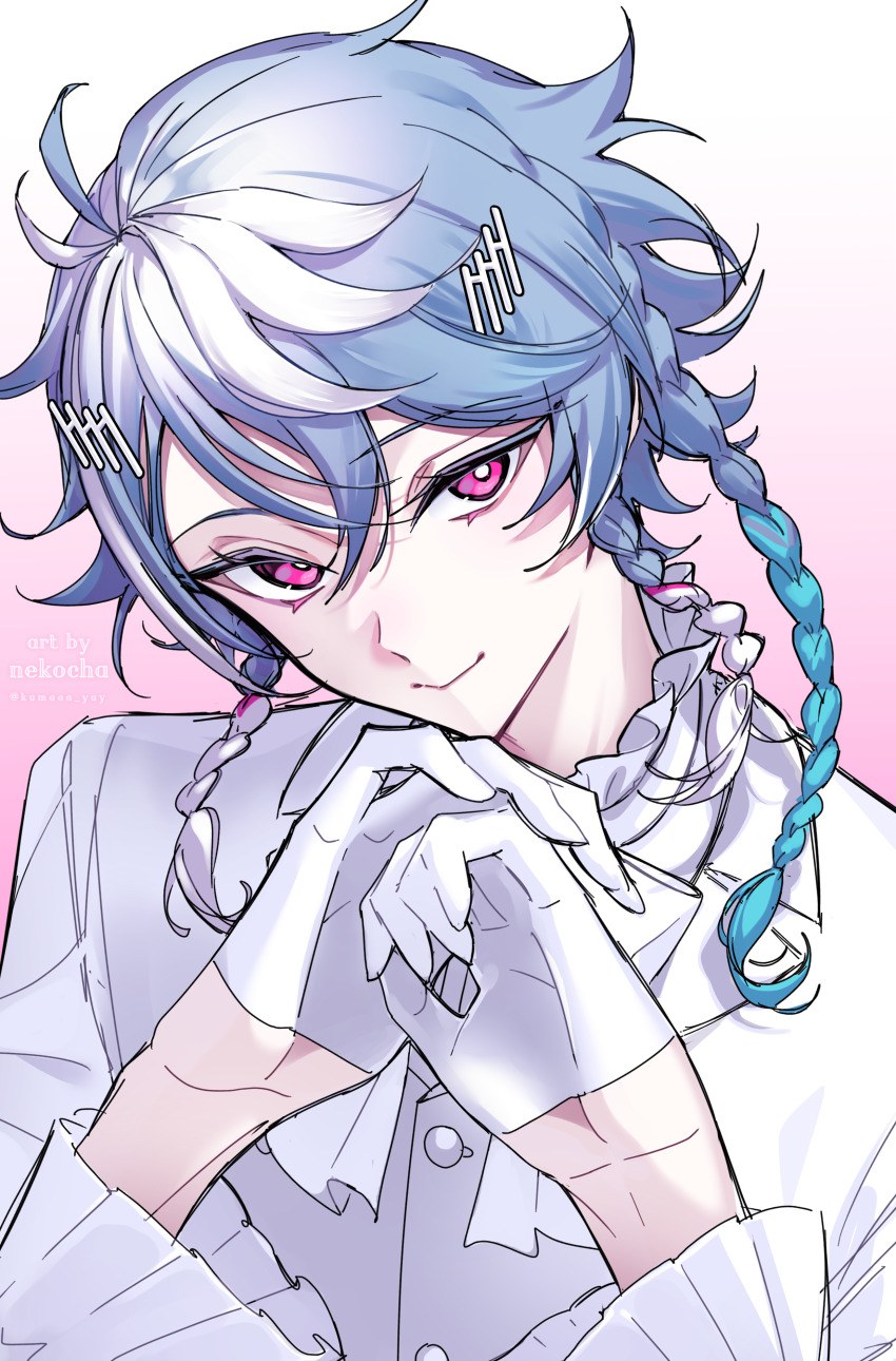 1boy, absurdres, bishounen, blue_hair, braid, bright_pupils, closed_mouth, commentary