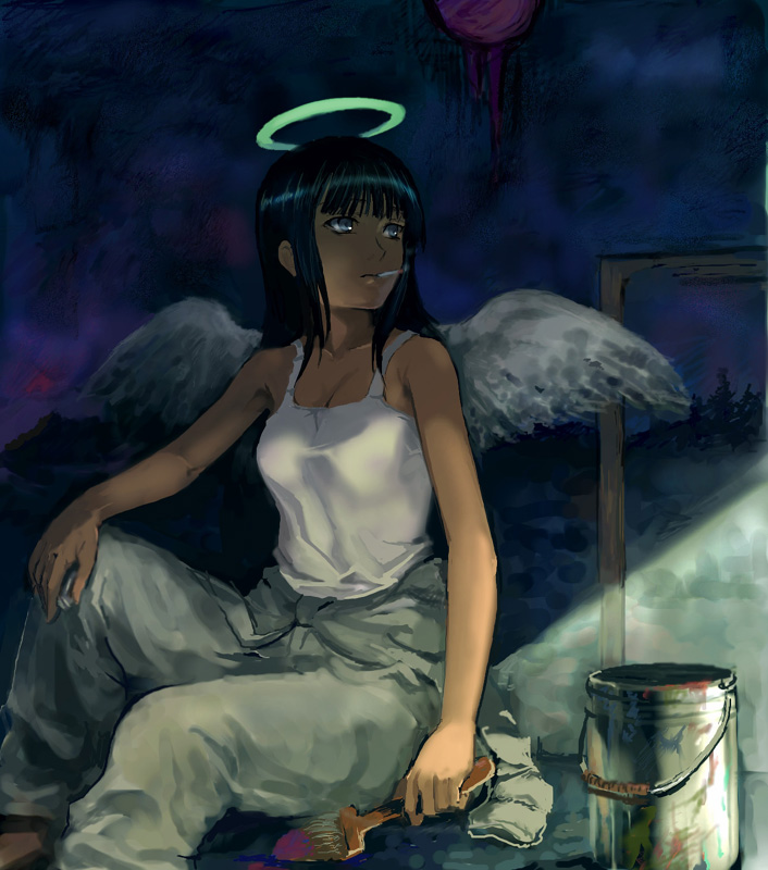 00s, 1girl, cigarette, female_focus, haibane_renmei, halo, mutsuki_(moonknives), night