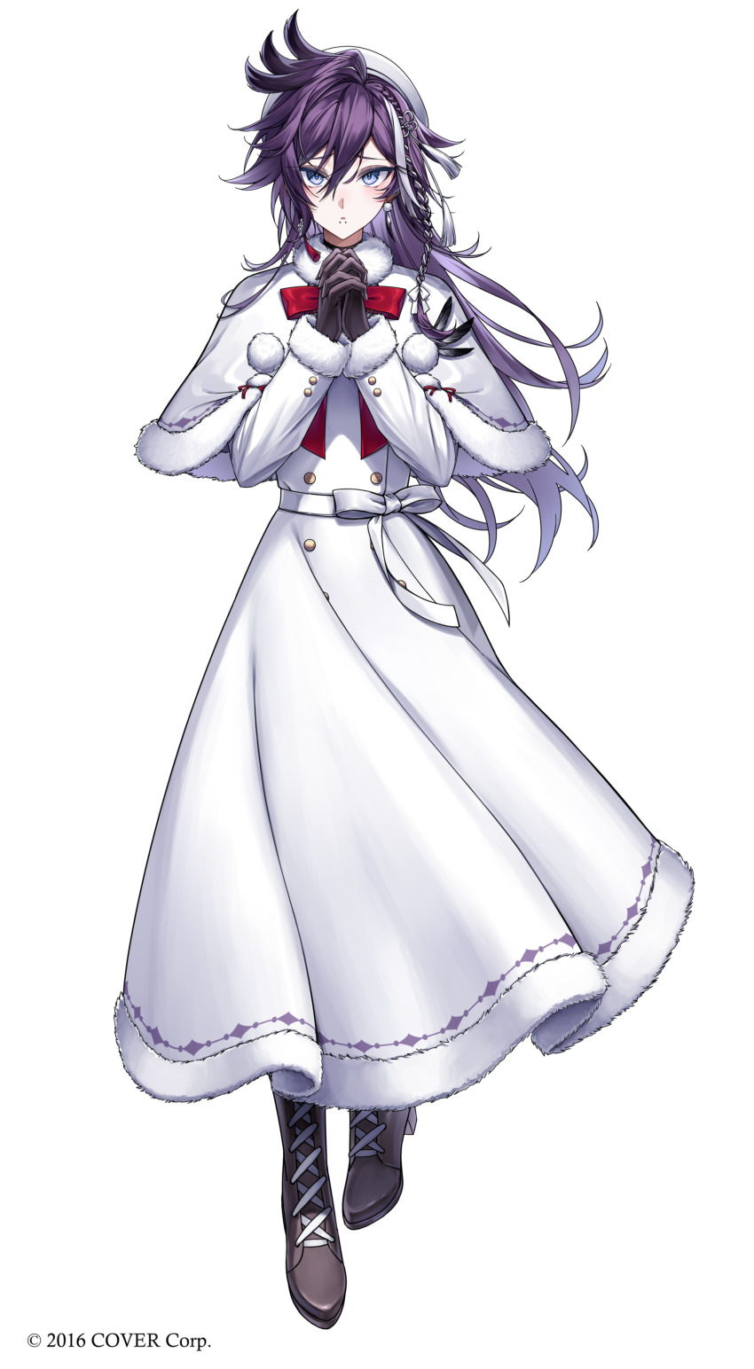 1boy, absurdres, androgynous, banzoin_hakka, black_eyeshadow, black_gloves, blue_eyes, blush, boots, buttons, capelet, coat, commentary, copyright_notice, earrings, eyeshadow, feather_hair_ornament, feathers, full_body, fur-trimmed_capelet, fur-trimmed_coat, fur-trimmed_sleeves, fur_trim, gloves, hair_between_eyes, hair_down, hair_ornament, hat, highres, holostars, holostars_english, holotempus, jewelry, lace-up_boots, long_coat, long_hair, long_sleeves, looking_at_viewer, makeup, male_focus, multicolored_hair, nekocha_dao, official_art, own_hands_together, purple_hair, red_ribbon, ribbon, snakebite_(piercing), solo, standing, streaked_hair, virtual_youtuber, white_background, white_capelet, white_coat, white_hair, white_hat, white_ribbon