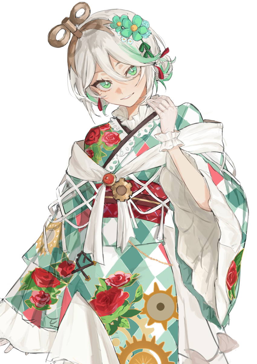 1girl, absurdres, argyle_clothes, argyle_kimono, bright_pupils, cecilia_immergreen, cecilia_immergreen_(new_year), clockwork