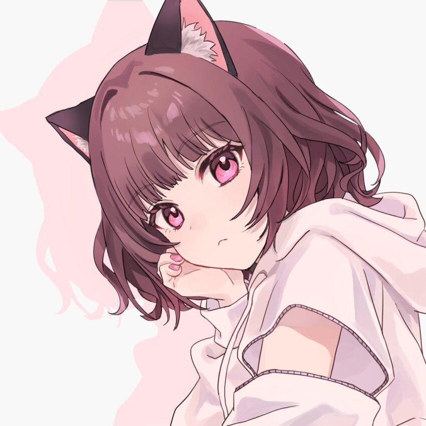 1girl, animal_ears, brown_hair, cat_ears, closed_mouth, detached_sleeves, drop_shadow, hand_on_own_face