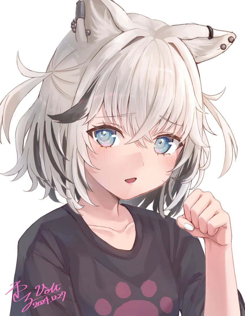 1girl, absurdres, animal_ears, black_shirt, blue_eyes, blush, crossed_bangs, dated