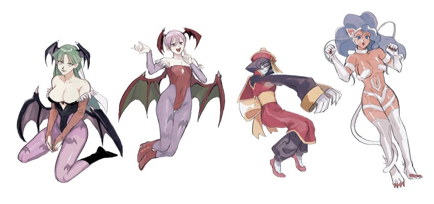 4girls, absurdres, ahoge, animal_ears, animal_hands, animal_print, bat_print, bat_wings