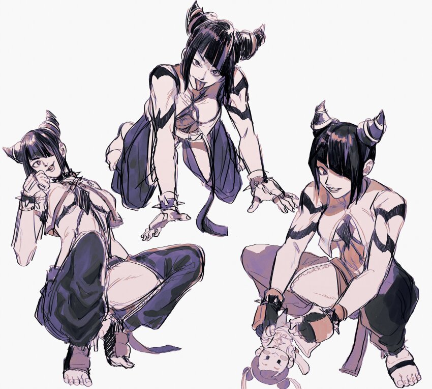 1girl, :>, absurdres, anklet, baggy_pants, blush_stickers, bracelet, breasts, capcom, character_doll, china_dress, chinese_clothes, chun-li, cleavage, collar, doll, double_bun, downblouse, dress, drill_hair, dudou, extended_downblouse, fingerless_gloves, gloves, hair_bun, hair_horns, han_juri, highres, hirekatsu_(kmrkbs), holding, holding_stuffed_toy, jewelry, kneeling, looking_at_object, looking_at_viewer, looking_to_the_side, medium_breasts, monochrome, pants, pelvic_curtain, playing, purple_theme, simple_background, smile, spiked_anklet, spiked_bracelet, spiked_collar, spikes, squatting, street_fighter, street_fighter_6, stuffed_animal, stuffed_toy, tiptoes, toeless_footwear, tongue, tongue_out, twin_drills, underboob, unitard, white_background