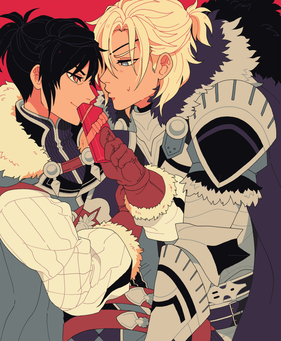 2boys, alisha_(heirror), annoyed, aqua_cape, arm_up, armor, black_fur, black_hair