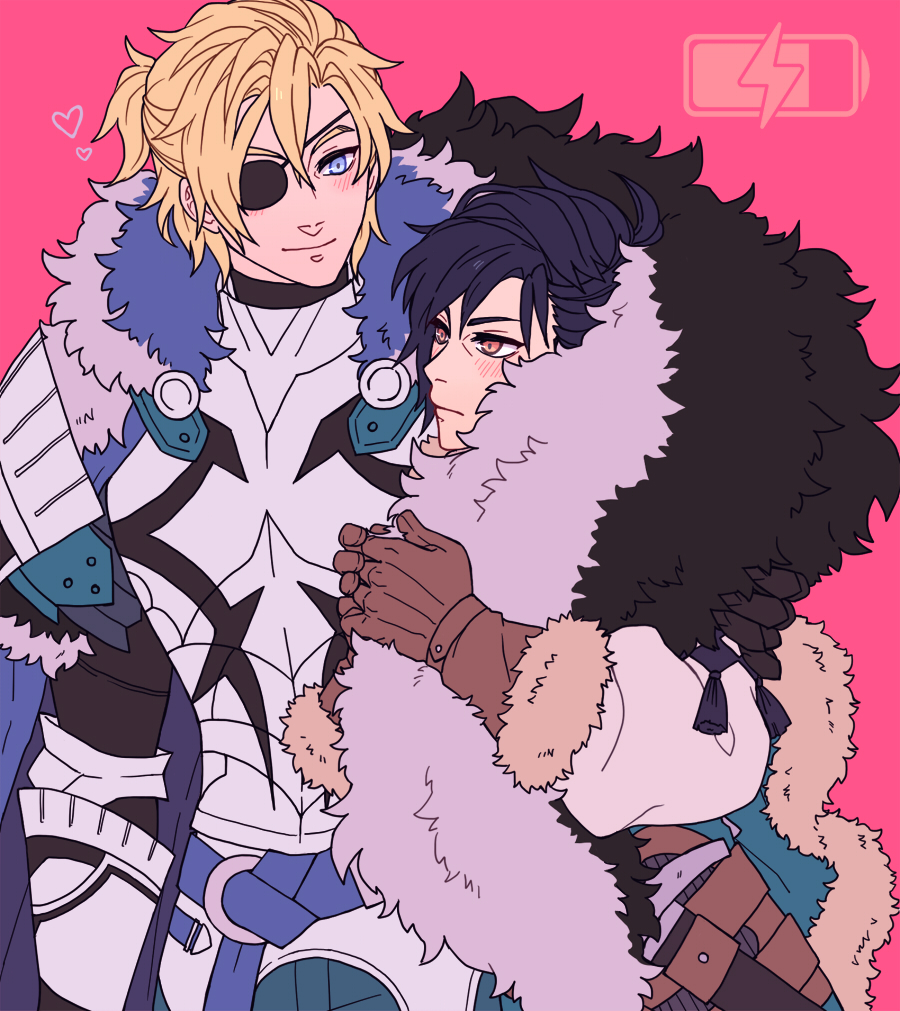 2boys, alisha_(heirror), aqua_cape, armor, arms_up, battery_indicator, black_fur, blonde_hair