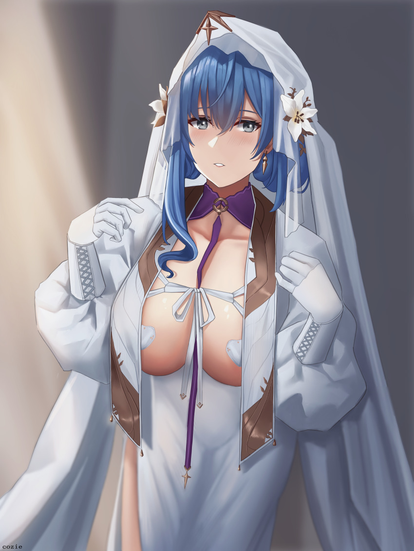 1girl, absurdres, artist_name, blue_hair, blush, breasts, bridal_veil, cleavage, collarbone, commentary, cozie178, dp-12_(girls'_frontline), dp-12_(misty_cross)_(girls'_frontline), dress, english_commentary, feet_out_of_frame, girls'_frontline, gloves, grey_eyes, highres, huge_breasts, japanese_clothes, kimono, large_breasts, long_hair, long_sleeves, looking_at_viewer, official_alternate_costume, open_mouth, simple_background, solo, standing, uchikake, veil, wedding_dress, white_dress, white_gloves