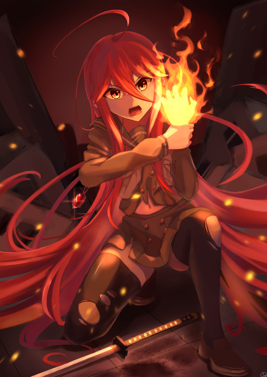 1girl, absurdly_long_hair, ahoge, alastor_(shakugan_no_shana), black_thighhighs, brown_shoes, buttons, clenched_hand