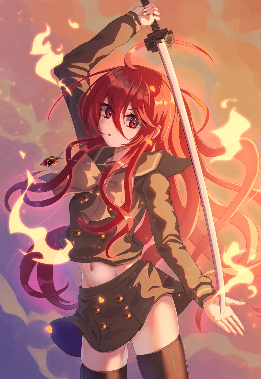 1girl, ahoge, alastor_(shakugan_no_shana), arm_up, black_thighhighs, bow, buttons, commentary