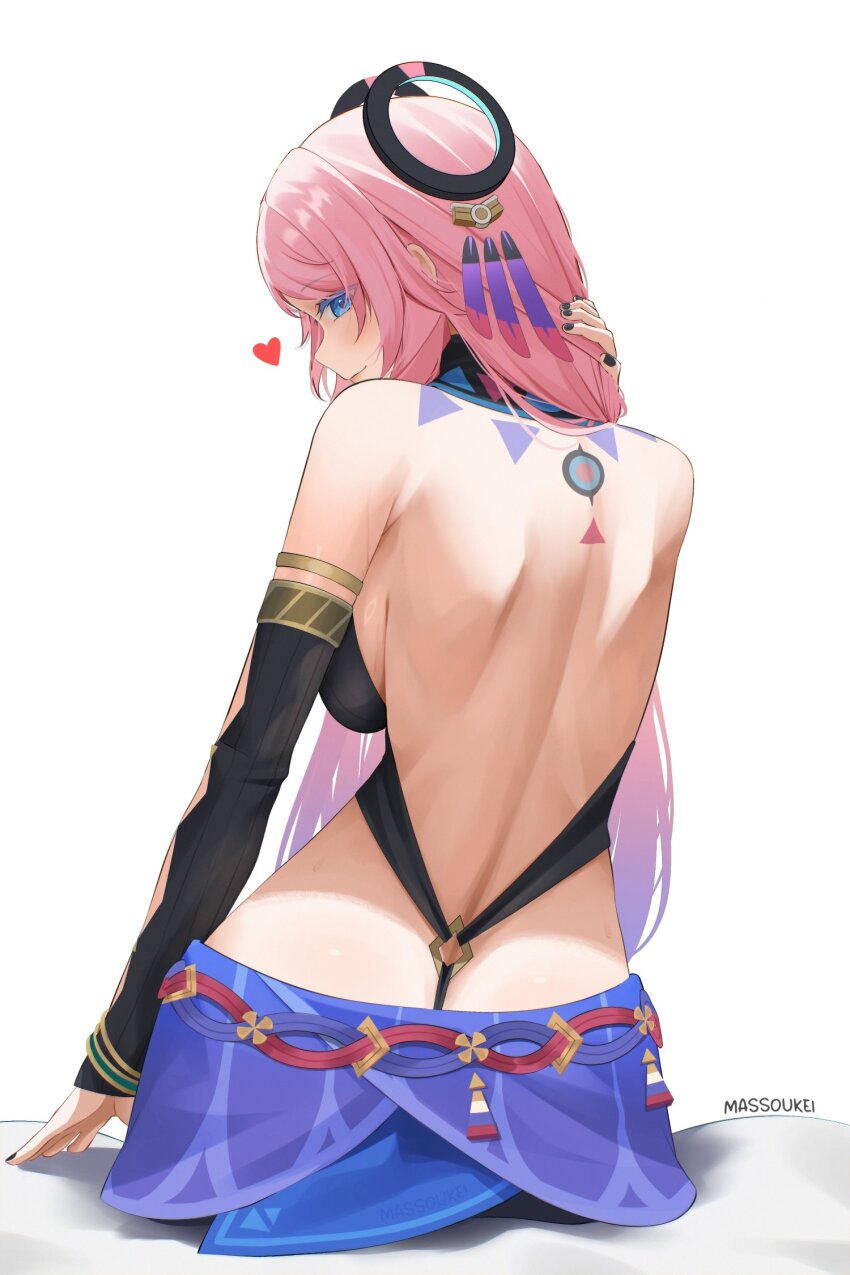 1girl, artist_name, ass, back, backless_leotard, bare_shoulders, black_leotard, blue_eyes, breasts, citlali_(genshin_impact), commentary, from_behind, genshin_impact, hair_ornament, heart, highres, leotard, long_hair, looking_at_viewer, massoukei, medium_breasts, pink_hair, purple_sarong, sarong, sitting, solo, white_background