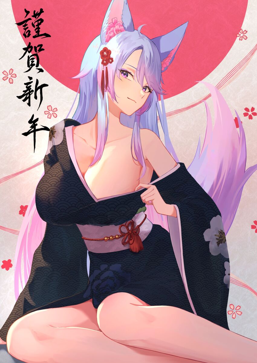 1girl, absurdres, animal_ears, black_kimono, blue_hair, breasts, cleavage, closed_mouth