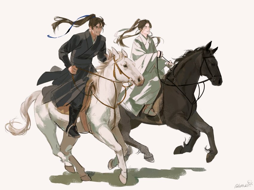 2boys, absurdres, black_footwear, black_hair, black_hanfu, black_pants, blue_ribbon, boots