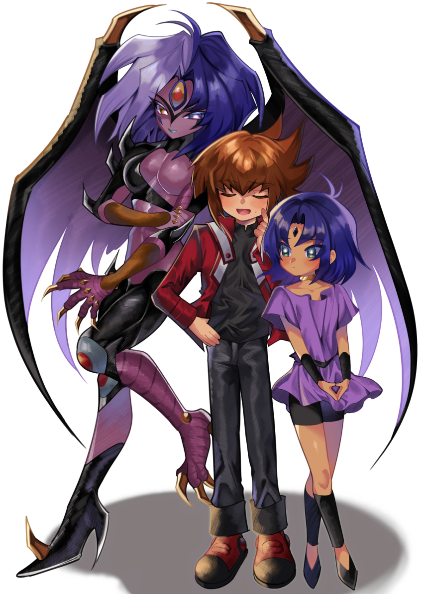 1boy, 1girl, 1other, black_pants, black_shorts, blue_eyes, blue_hair, breasts, brown_hair, closed_eyes, colored_skin, dark-skinned_female, dark_skin, demon_wings, duel_academy_uniform_(yu-gi-oh!_gx), duel_monster, full_body, grey_hair, highres, jacket, large_breasts, medium_hair, multicolored_hair, open_clothes, open_jacket, orange_eyes, pants, poniponi_funnu, purple_skin, red_jacket, shorts, simple_background, third_eye, two-tone_hair, white_background, wings, yu-gi-oh!, yu-gi-oh!_gx, yubel, yubel_(human), yuki_judai