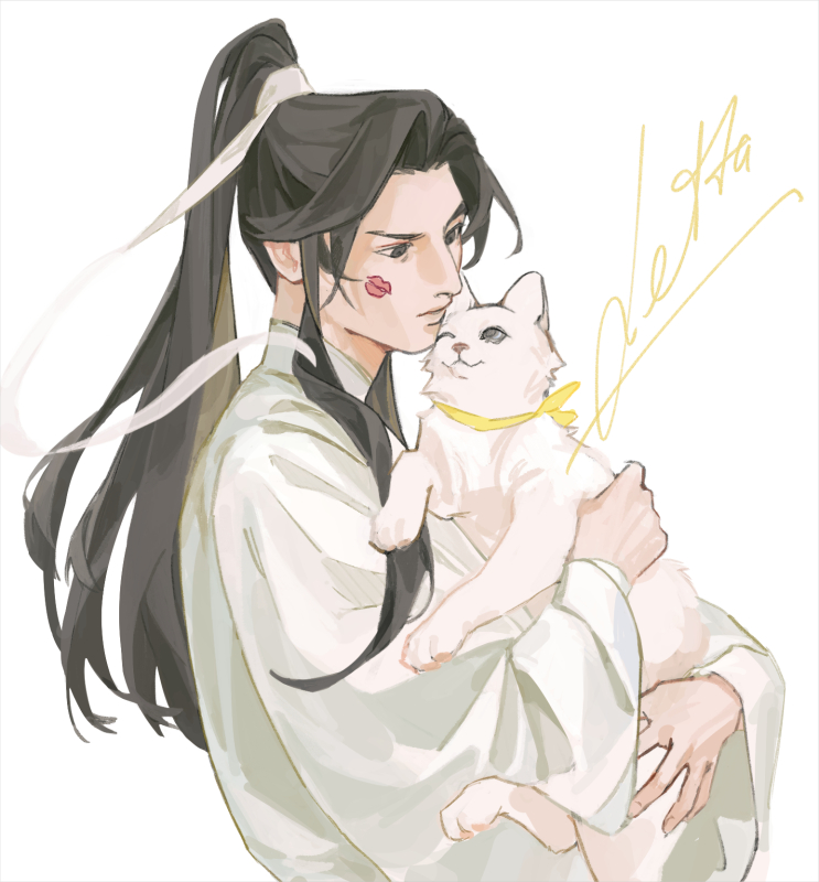 1boy, animal, black_eyes, brown_hair, cat, chinese_clothes, chu_wanning, commentary, english_commentary, erha_he_ta_de_bai_mao_shizun, hair_ribbon, hanfu, high_ponytail, holding, holding_animal, lettch, lipstick_mark, lipstick_mark_on_face, long_hair, long_sleeves, looking_at_animal, ponytail, ribbon, signature, simple_background, solo, upper_body, white_background, white_cat, white_hanfu, white_ribbon, wide_sleeves