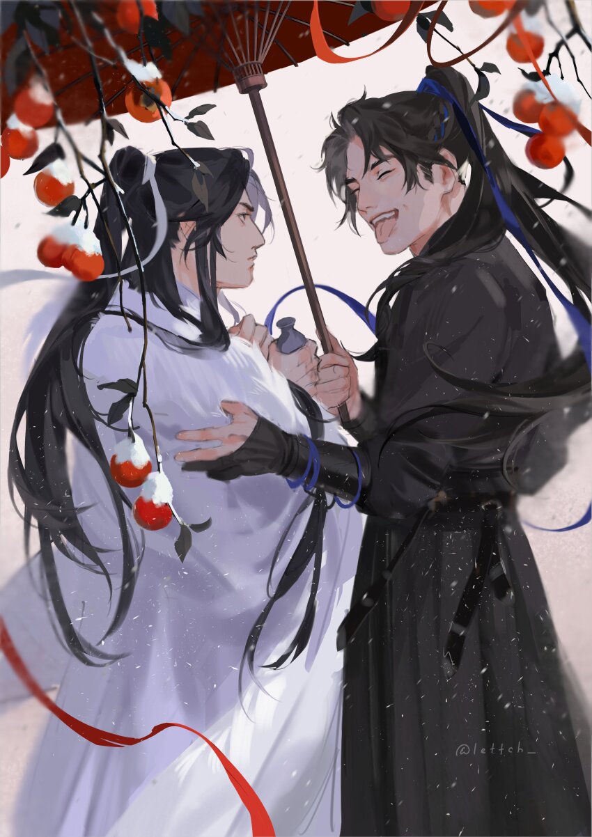 2boys, absurdres, black_gloves, black_hair, black_hanfu, blue_ribbon, blurry, blurry_foreground
