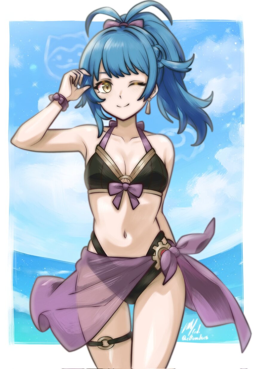 1girl, alternate_costume, bare_shoulders, bikini, black_bikini, blue_hair, breasts, cleavage