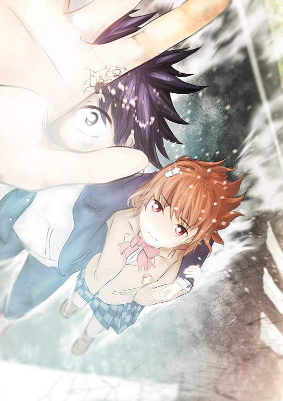 1boy, 1girl, a_certain_high_school_uniform, arm_over_shoulder, arm_up, black_hair, black_jacket, black_pants